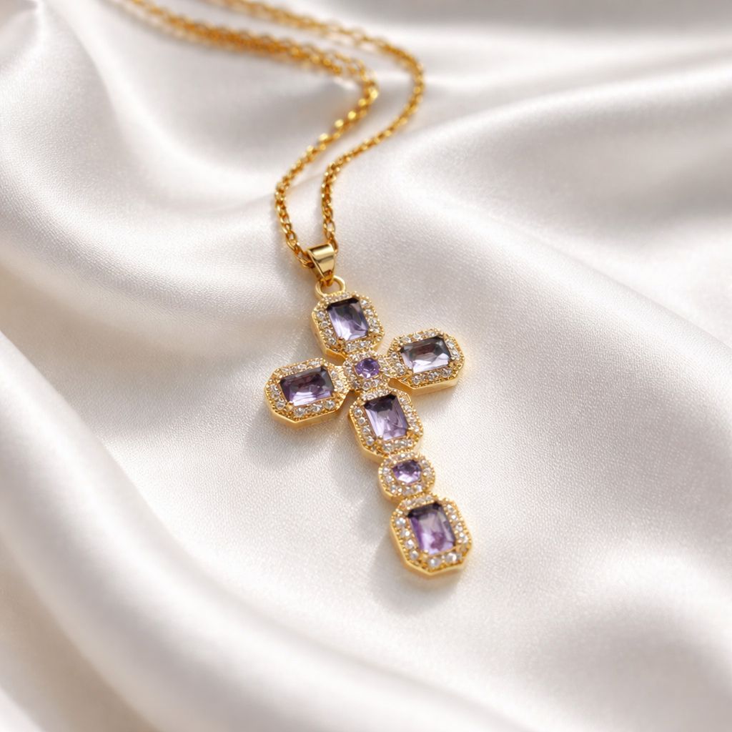 Κολιέ με Σταυρό από Λιλά Cubic Zirconia & Χρυσή Επιμετάλλωση.