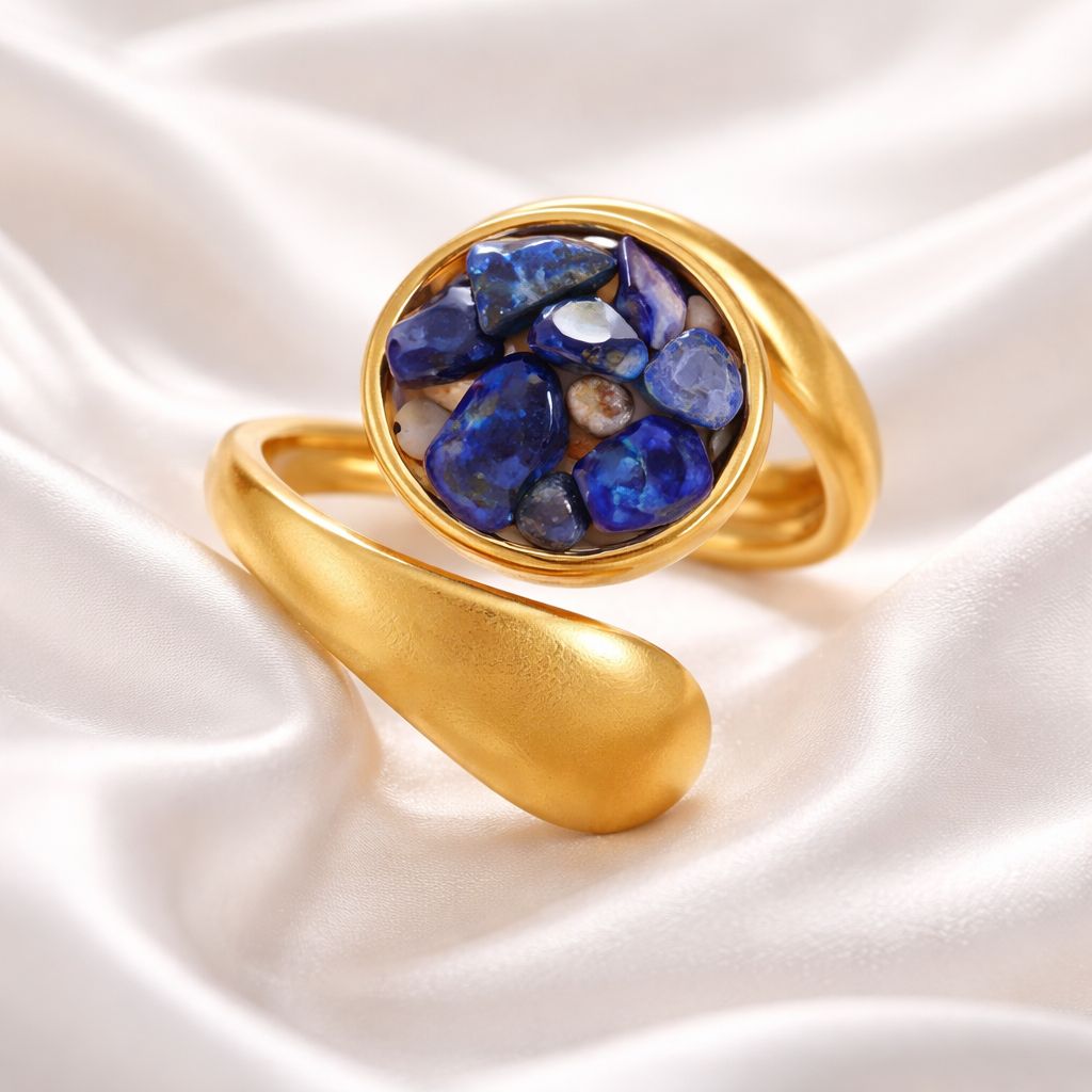 Δαχτυλίδι, Stainless Steel, Lapis Lazuli Chips, διάμετρος 17mm. Μέγεθος 7 US. - φωτογραφία 2