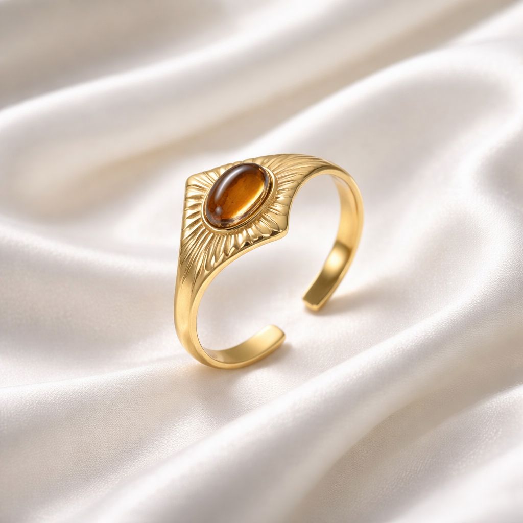 Δαχτυλίδι μανσέτα, Μάτι της Τίγρης, oval cabochon, επίχρυσο 18K μέγεθος 6.5 Us ρυθμιζόμενο.